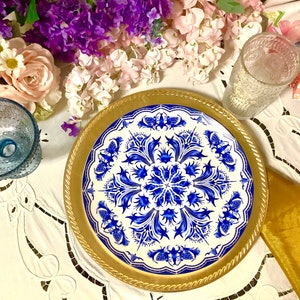 Blue and White Plate  Luncheon Dinner Dish. Italian Floral Medallion. Made in England. Serving Platter Table Centerpiece Decoration