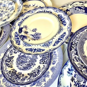 Blue and White Dinner Plates  Mismatched china  porcelain dishes  new vintage, mix and match. Wedding rehearsal,  Bridesmaid Luncheon (9-11)