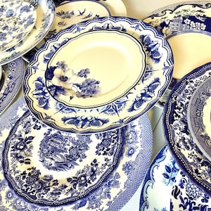 Blue and White Plates Dinner  Mismatched china  porcelain dishes  new vintage, mix and match. Wedding rehearsal,  Bridesmaid Luncheon (9-10)