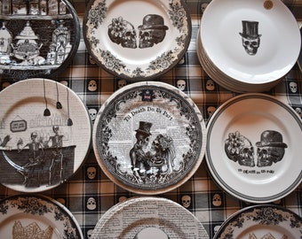 Halloween Dinner Luncheon Plates. Set of 6 mismatched china, porcelain dishes. Skeleton Skulls Dia de los Muertos party Wedding rehearsal