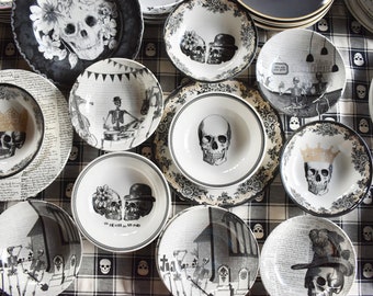 Skull Bowls  Mismatched china  porcelain plates. Skeletons Goth Holiday party  Luncheon, Brunch or Dinner, for Soup Cereal Salad Dessert