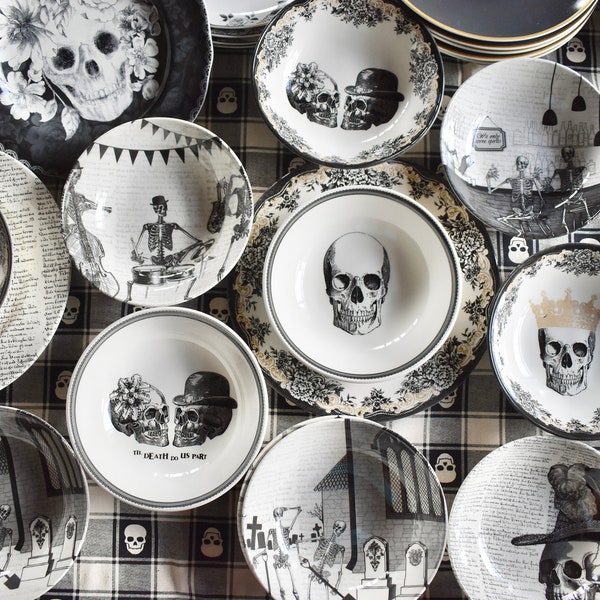 Skull Bowls  Mismatched china  porcelain plates. Skeletons Goth Holiday party  Luncheon, Brunch or Dinner, for Soup Cereal Salad Dessert