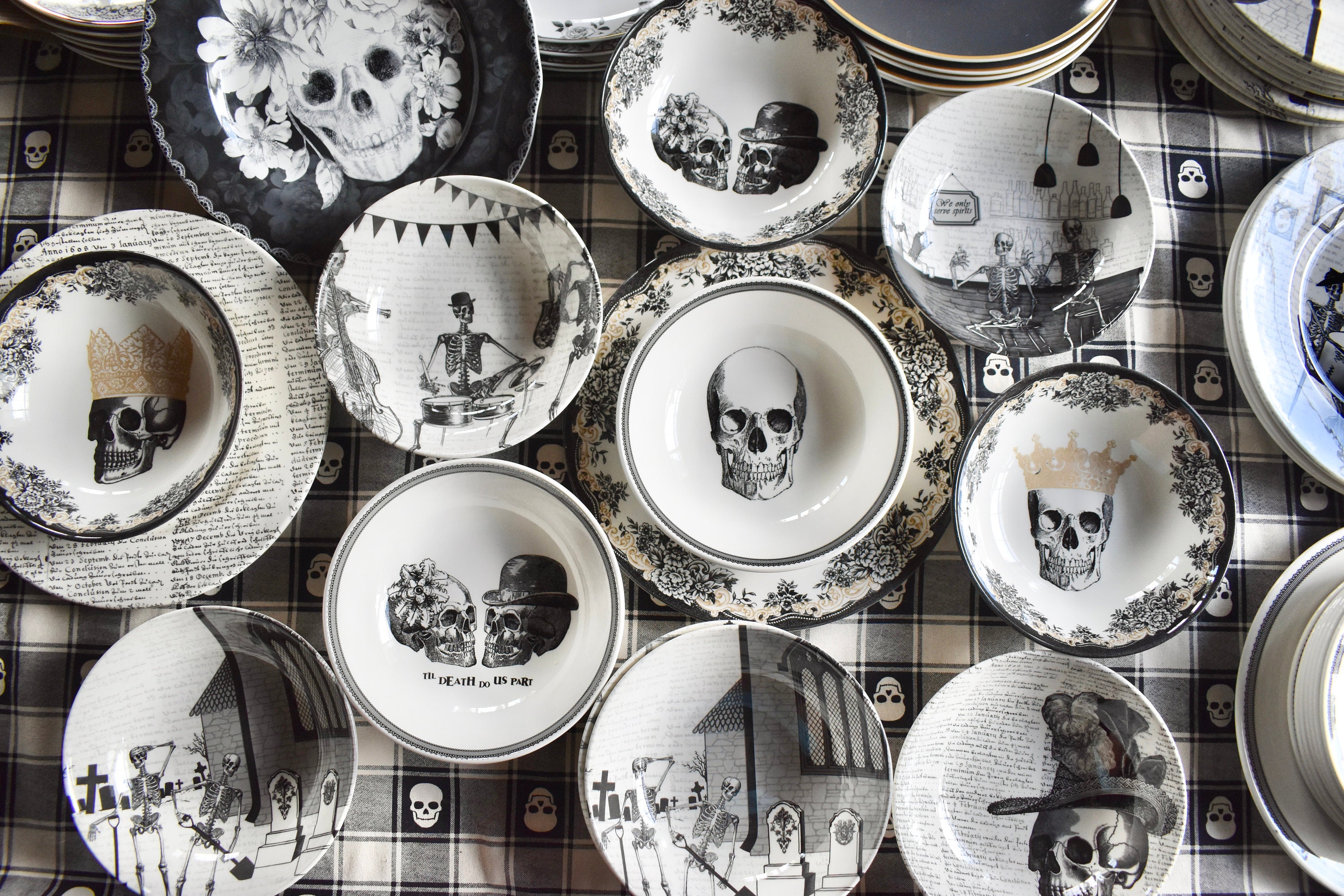 Skull Bowls Mismatched China Porcelain Plates. Skeletons Goth