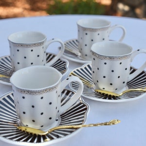 Demitasse Set  Mad Hatter Black White Polka Dots Stripes. Four Porcelain cups  saucers  gold plated spoons, embroidered napkins, tea