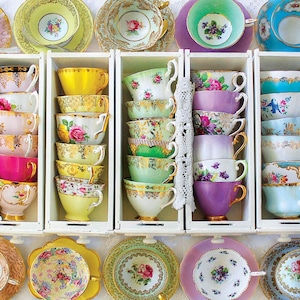 Mismatched Tea Cups and Saucers  Party favors for Birthday  Bridal Luncheon  Baby Shower. Comes with tea, spoon, napkin and gift box