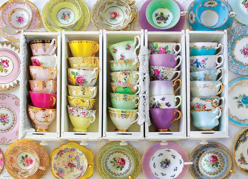 Mismatched Tea Cups and Saucers. Party favors for Birthday, Bridal Luncheon, Baby Shower. Comes with tea, spoon, napkin and gift box 