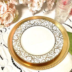 Renaissance Gold and Silver Scroll Plate  Fine Porcelain with Metallic Accents. Lunch Dinner Plate Wedding rehearsal   Bridesmaid Luncheon