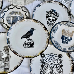 Skull Plates  Mismatched china  porcelain dishes. Skeleton Skulls Goth Fiesta birthday party. Holiday Wedding rehearsal dinner  Luncheon