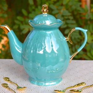 Teapot  Timeless Beauty. Iridescent Lustrous Green Jadeite Teal. 40oz Porcelain Tea Pot with Imported Tea Sampler