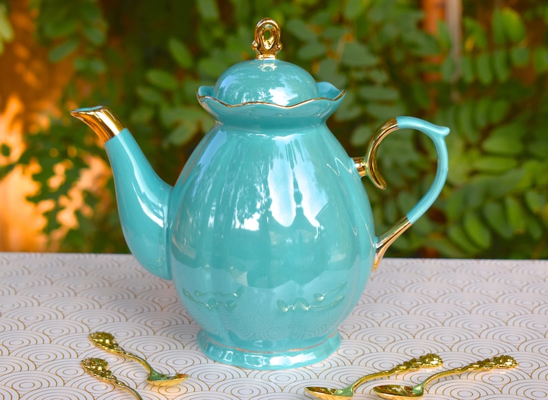Teapot. Turquoise Teal Green Gold Guild Tea Pot. Bridal Etsy