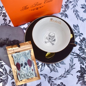 Personalized Skull and Bones Tea Cup  Black and Gold Porcelain  gold plated spoon  linen tea napkin, Skull tea packet. Comes with gift box