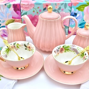 Personalized Tea Set  Timeless Beauty Blush Pink Porcelain Teapot,  Sugar Bowl, Creamer, two Teacups, gold plated spoons, napkins, tea