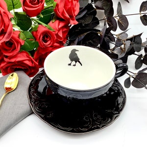 Edgar Allen Poe The Raven  Black Crow Victorian Goth Tea Cup and saucer  Embossed porcelain  gold plated spoon, tea packet, gift box