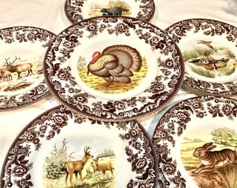 Set of Six Holidays Turkey Plate. Luncheon Dinner Dish Fine Porcelain. Woodland Spode Turkey Made in England. Serving Platter
