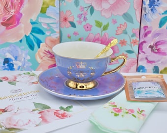 Bridgerton Regency Queen Bee Lavender with Gold Tea Cup and Saucer with Spoon  Embroidered Napkin  Tea Pack, Gift Box  Bridal Shower gift