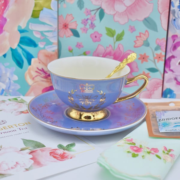 Bridgerton Regency Queen Bee Lavender with Gold Tea Cup and Saucer with Spoon  Embroidered Napkin  Tea Pack, Gift Box  Bridal Shower gift