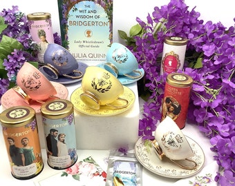 Bridgerton Gift  Lady Whistledown&#39;s Society Papers. Porcelain Tea Cup  teaspoon  napkin, gift box, and Bridgerton Limited edition Tea