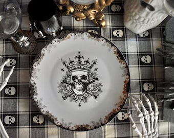 Halloween Plate  King Skull. Skeleton Fine Bone China Dish. Holiday Wedding gift  Bridal Shower  Anniversary Gift idea. Lunch Dinner Platter