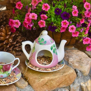 Personalized Bird Feeder Hanging Ceramic Teapot and Saucer Pink and Blue with Flowers. Indoor Outdoor Garden Decoration Bird Lover