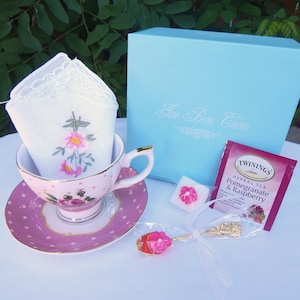 Mismatched Tea Cups and Saucers Party favors for Birthday Bridal Luncheon Baby Shower. Comes with tea, spoon, napkin and gift box image 10