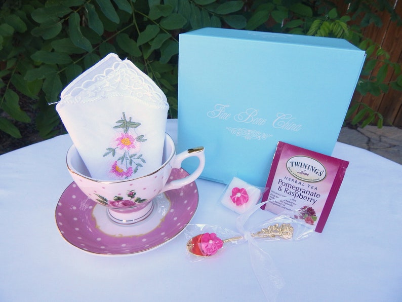 Mismatched Tea Cups and Saucers Party favors for Birthday Bridal Luncheon Baby Shower. Comes with tea, spoon, napkin and gift box image 10