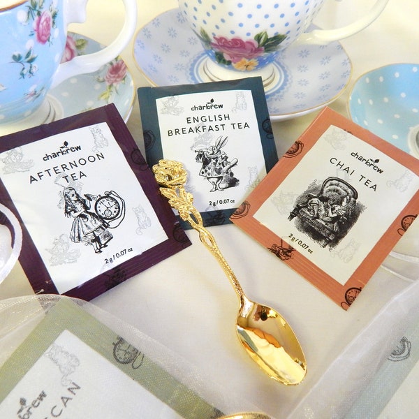 Alice in Wonderland Tea Party favors  Mad Hatter  Queen of Hearts  Tea Packet, Gold Plated Spoon, embroidered tea napkin, organza bag