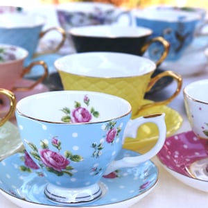 Mismatched Tea Cups and Saucers  Party favors for Bridal Shower  Baby Shower  English Birthday Tea Party, with spoon, tea, napkin, gift box
