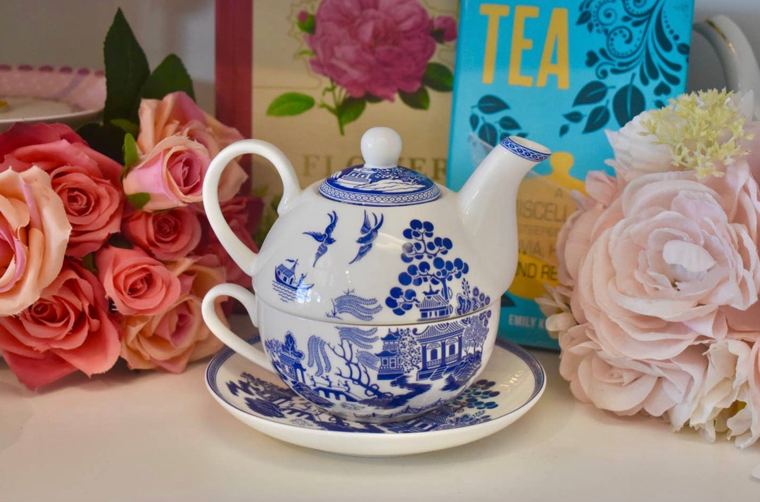 Tea for One Gift Set Blue and White Willow. Personalized Porcelain