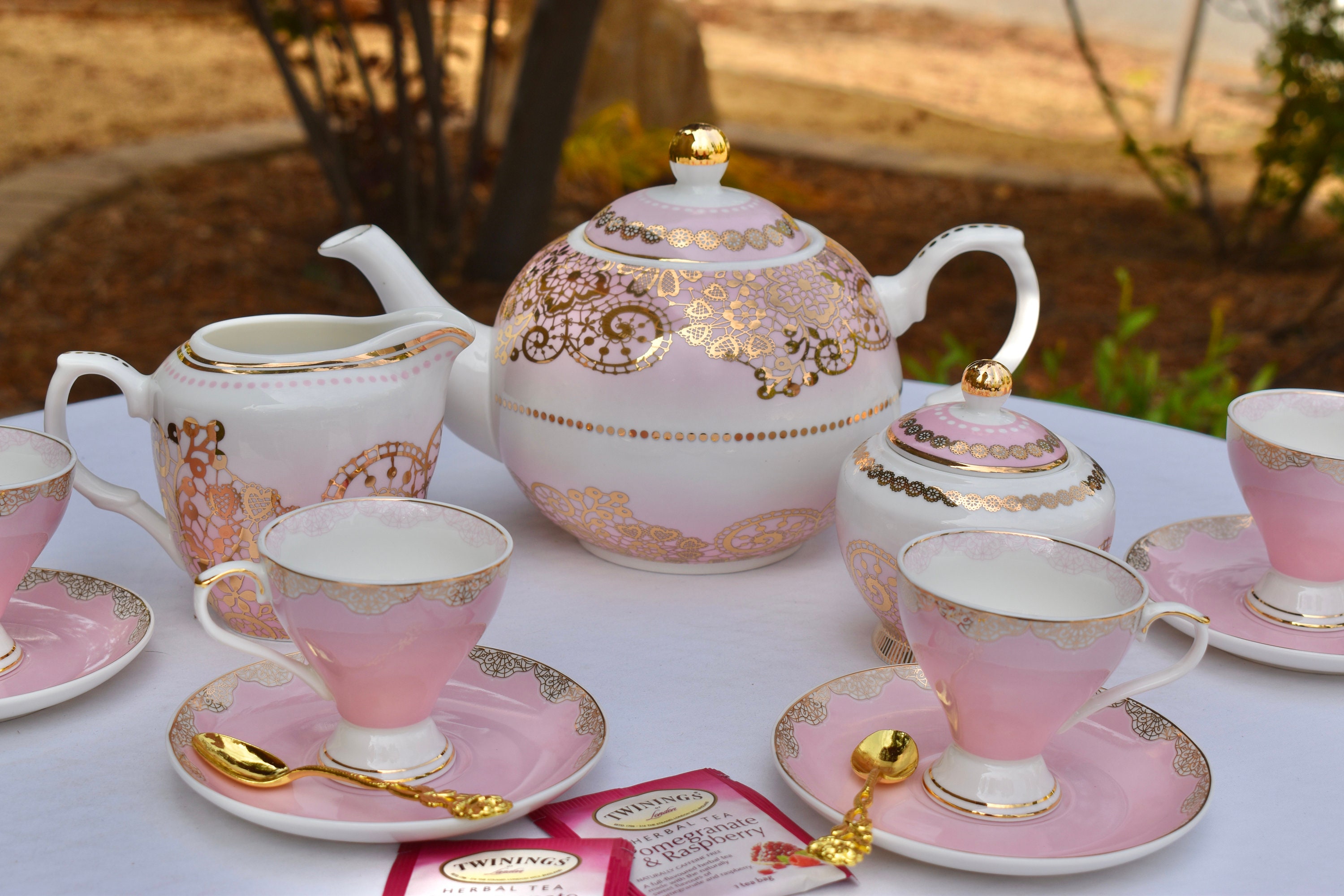 Tea Set 20 Piece Elegant Pink Gold Lace Teapot Sugar Bowl Creamer