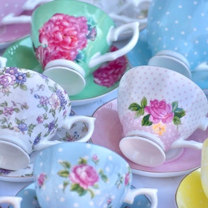 Mismatched Tea Cups and Saucers  Bridal Shower Luncheon  Bridesmaid Gift ideas  Wedding Rehearsal, with spoon, tea packet, napkin, gift box