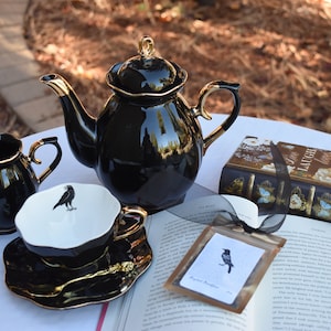 Personalized Edgar Allan Poe  Black Crow Tea Cup  Black and Gold Porcelain, gold plated spoon, The Raven tea packet. Comes with gift box