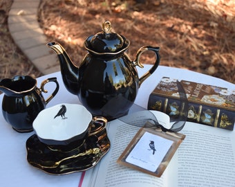 Personalized Edgar Allan Poe  Black Crow Tea Cup  Black and Gold Porcelain, gold plated spoon, The Raven tea packet. Comes with gift box