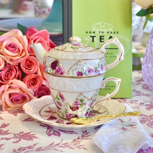 Pink Gold Scroll Fine Porcelain Tea for One Set Grace Teaware Etsy