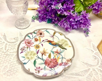 Plate  Hummingbird Harlequin Bird and Flowers Side Plate  Salad  Dessert Plate. Scalloped Gold Edge. Serving Platter Table Centerpiece