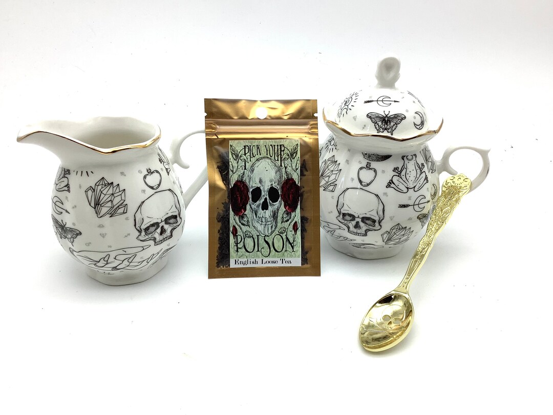 Sugar Bowl and Creamer Set Divination Skulls Ouija Board Porcelain With Crystal Knob Gold Plated