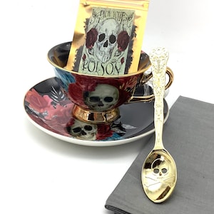 Personalized Victorian Roses  Skull Tea Cup and saucer  Skull and Bones gold plated spoon  Poison Loose tea packet, Tea Napkin,  gift box