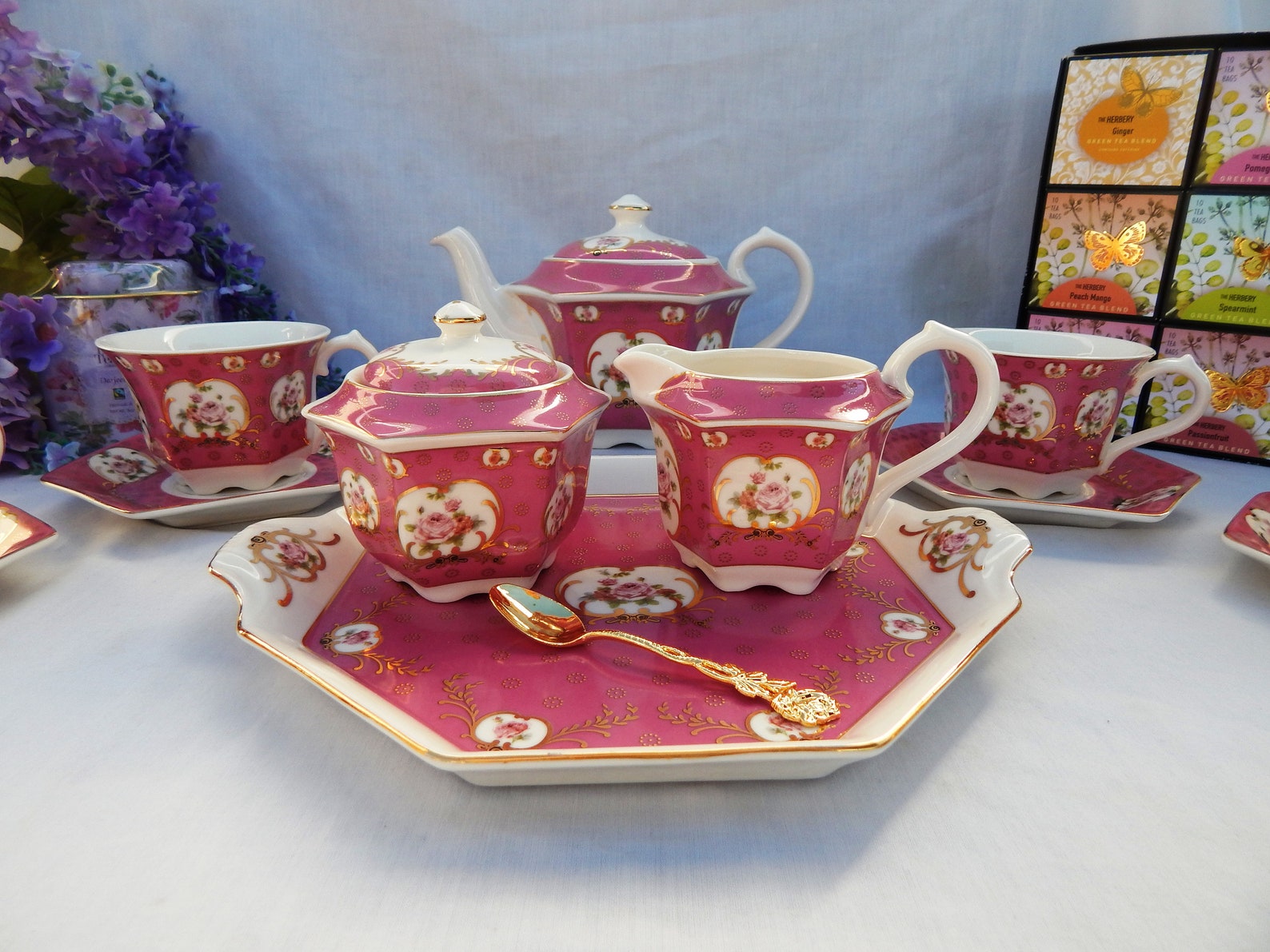 Tea Set Bridgerton Pink Tea Party. Porcelain Tea Pot Cups Etsy