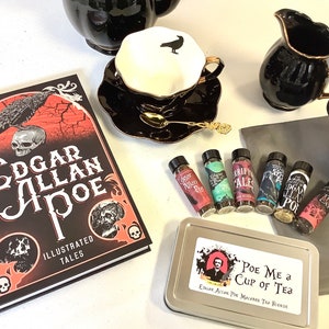 Edgar Allan Poe Gift. Poe me a cup of Tea Macabre Tea Blends. Tea Box with six blended loose teas. Edgar Allan Poe Poetry and Book Covers