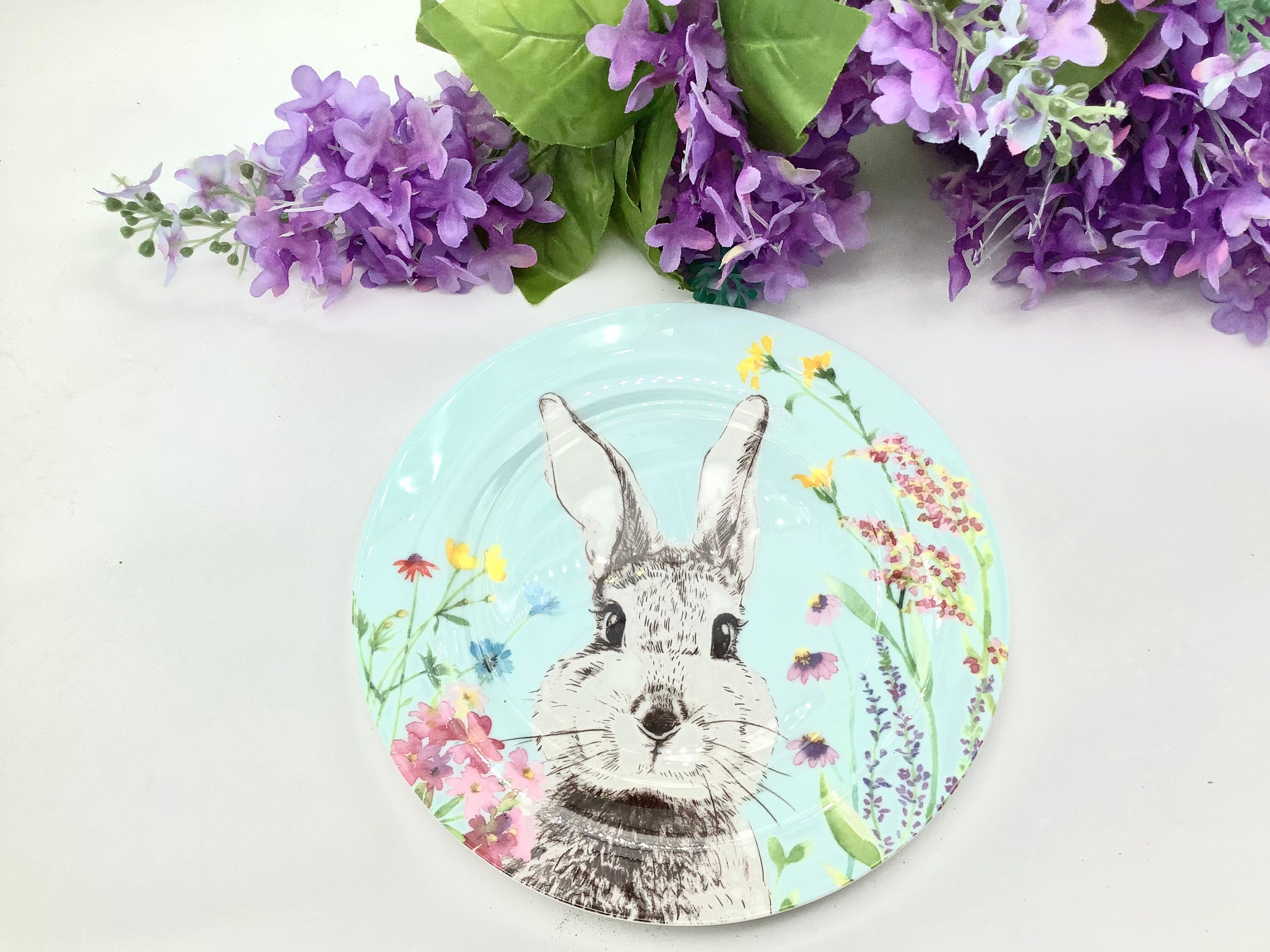 Bunny Rabbit in Blue with Spring flowers   Table Decorations  Serving Platter  Dessert Cake for Baby Shower, Birthday, Shower