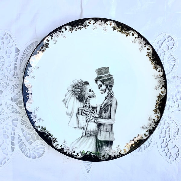 Skull Plate  Mr and Mrs Skeletons Embracing. Fine Bone China Dish. Husband Wife Wedding  Anniversary  Salad  Dessert, Bread Butter