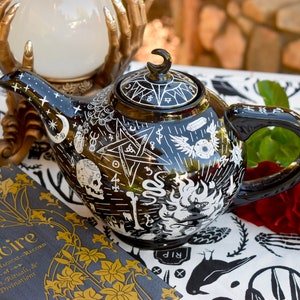 Personalized  Teapot  Victorian Goth Black Personalized Ceramic 50 oz Teapot Coffee pot tea packet. Psychic Awakening  Coven Tea Party