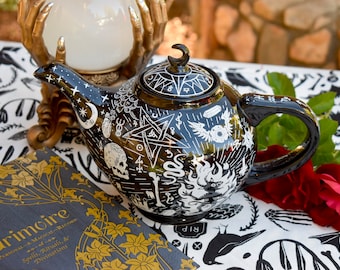 Personalized  Teapot  Victorian Goth Black Personalized Ceramic 50 oz Teapot Coffee pot tea packet. Psychic Awakening  Coven Tea Party