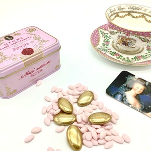 Personalized Marie Antoinette favor  Secrets. Gold chocolate  pink sugared almonds with apple and rose essence dragees candy  metal gift box