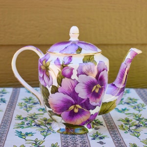 Teapot  Timeless Beauty. Purple Pansies and Gold. Porcelain Tea Pot with Imported Tea Sampler