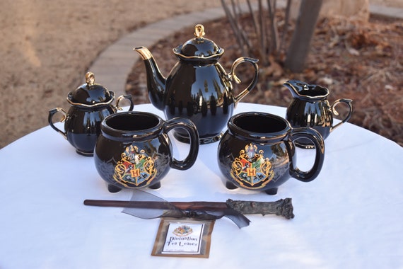 Hogwarts House Tea Set Mystery Wand Porcelain Teapot Sugar Bowl, Creamer,  Two Cauldron Cup Mugs, Hogwart House Platter, Harry Potter Tea 