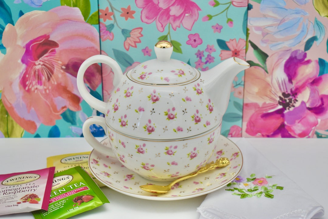 Tea For One Roses Tea for One Gift Set Pink Rosebud Flowers Personalized Porcelain Teapot ...