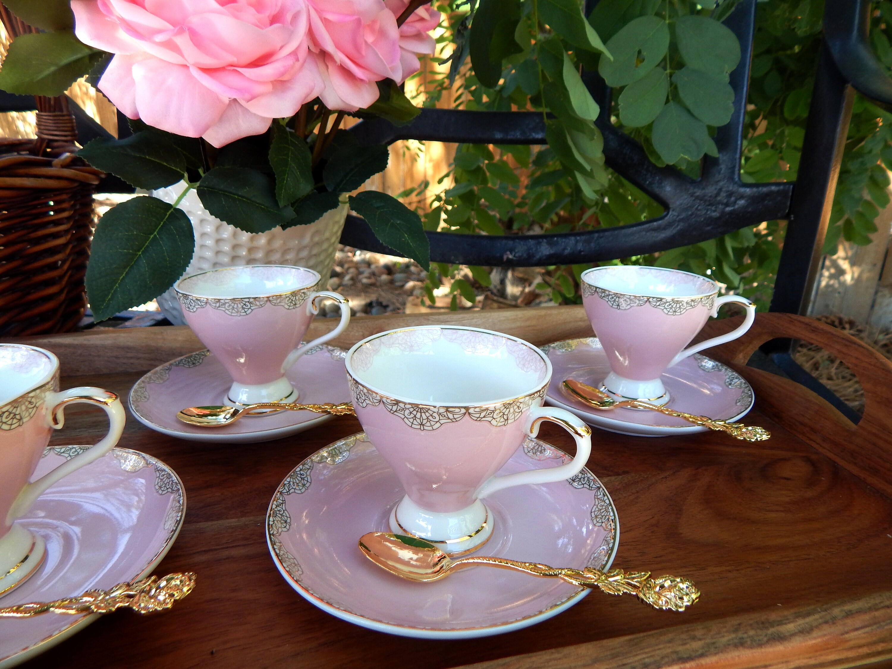 Tea Set. Elegant Pink with Gold Lace Rim footed porcelain tea Etsy