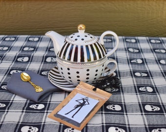 Tim Burton Jack Skellington Inspired Porcelain Four Piece Tea for One  teapot  cup, saucer, gold plated spoon, linen tea napkin, tea packet