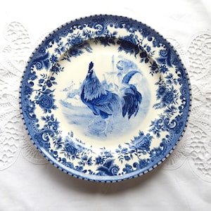 Blue and White Luncheon Dinner Plate Fine Porcelain  Rooster Flowers. William James Farmyard Jay Import. Serving Platter Table Centerpiece