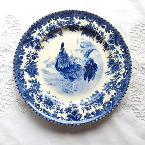 Blue and White Luncheon Dinner Plate Fine Porcelain  Rooster Flowers. William James Farmyard Jay Import. Serving Platter Table Centerpiece